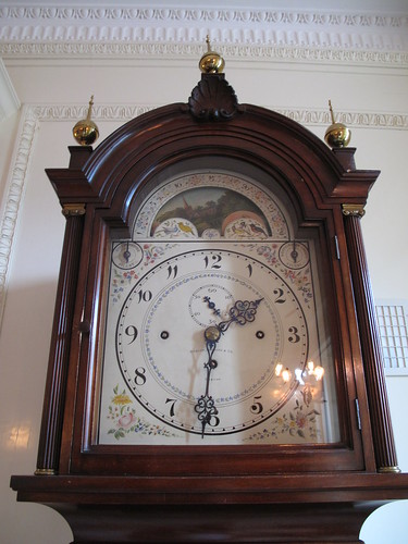 Photo of a grandfather clock from below