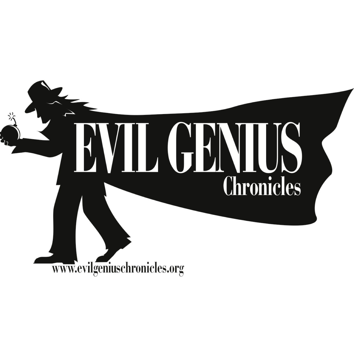 The Evil Genius Chronicles logo, a man with a cape holding a bomb with lit fuse